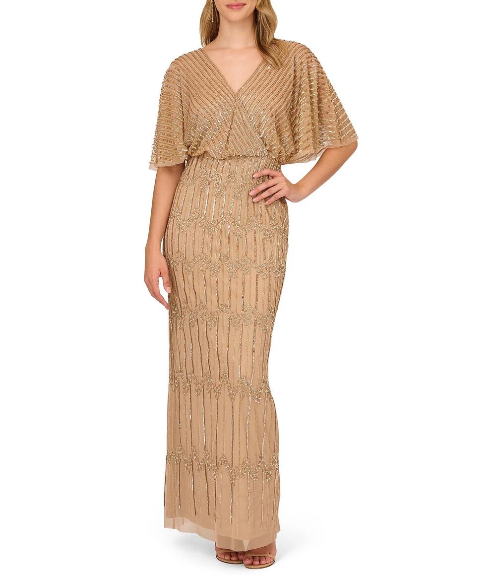 Adrianna Papell Womens 10 Beaded Sequin Surplice Champagne Gold Maxi Gown L13-14